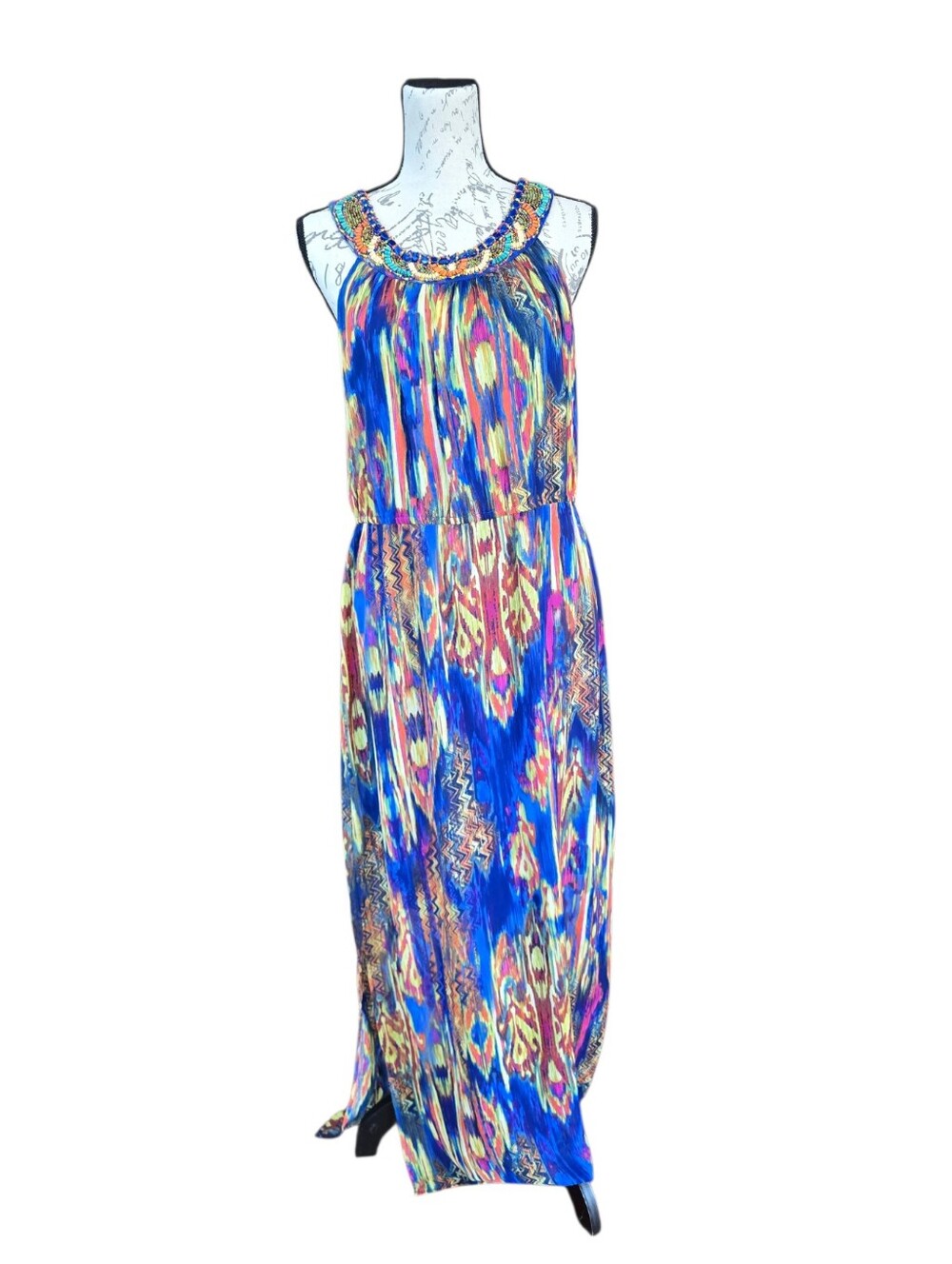 Neiman Marcus Multicolor Ikat Pattern Blue Sleeveless Maxi Dress 10